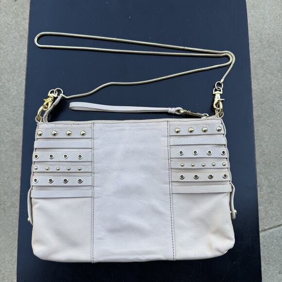 Badgley Mischka Handbags - Badgley Mischka Beige Off White Studded Grommet Bag, Gold Crossbody Metal Strap